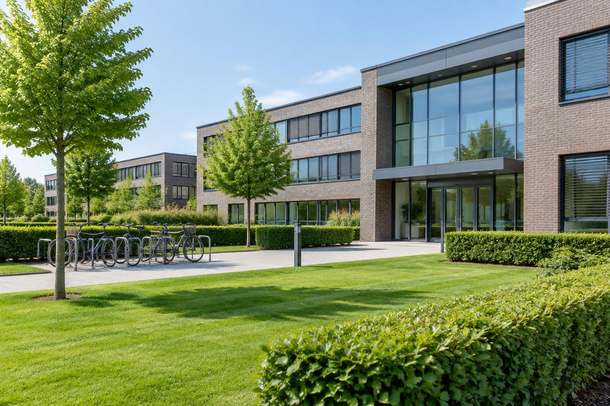 Gepflegte Grünanlage vor einem deutschen Bürogebäude