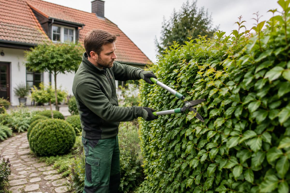 Professioneller Heckenschnitt in einem deutschen Garten