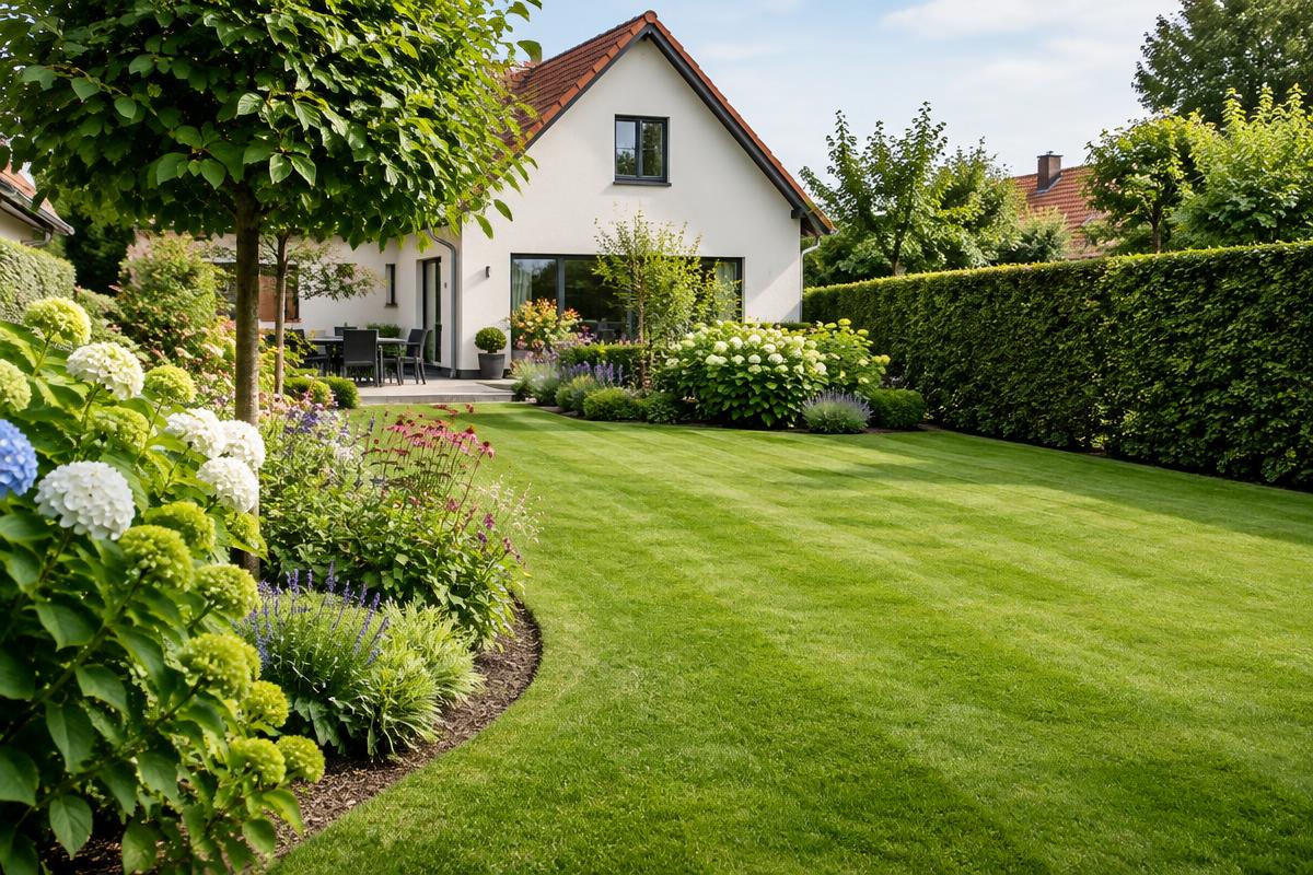 Gepflegter Rasen in einem deutschen Privatgarten