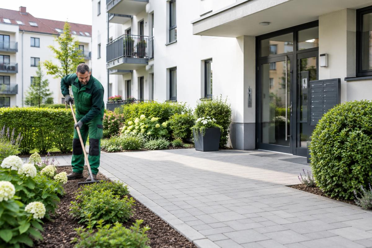 Objektpflege an einem deutschen Mehrfamilienhaus