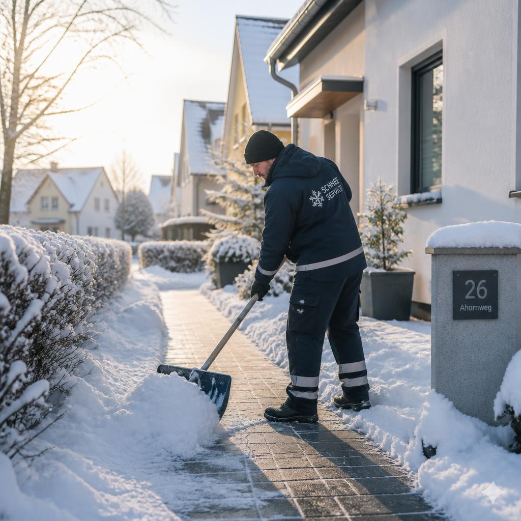 Winterdienst auf einem verschneiten Gehweg
